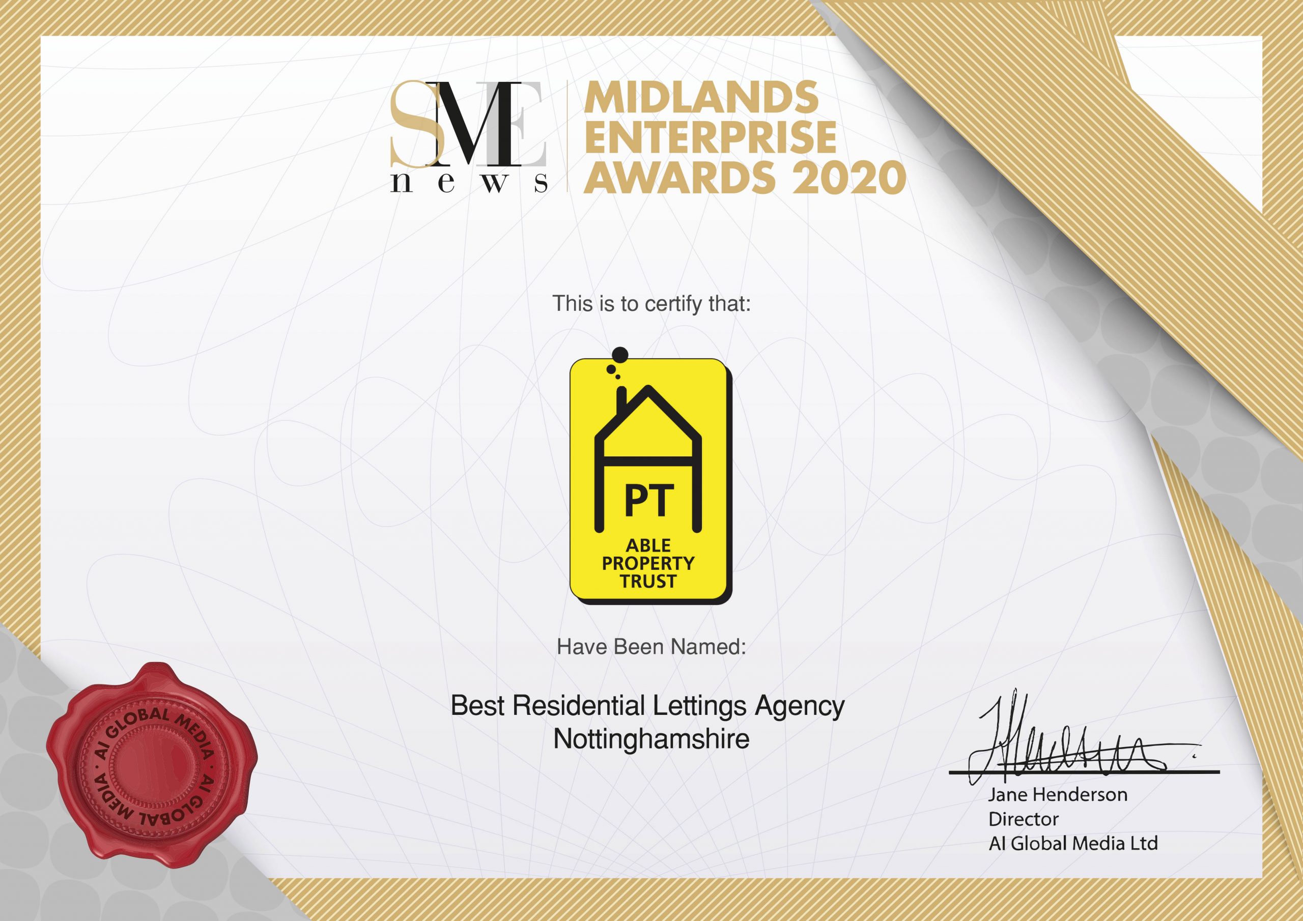 Oct20064-Midlands Enterprise Awards 2020 Certificate Midlands Enterprise Awards 2020 Best Residential Lettings Agency winner