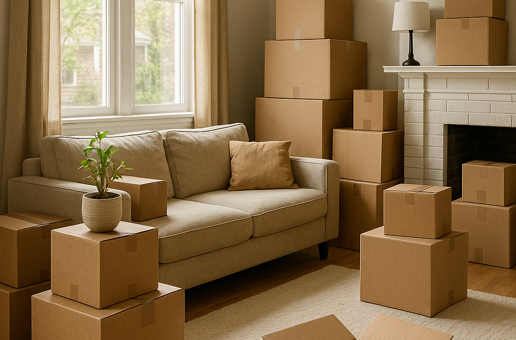 Living room full of packed moving boxes