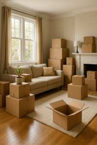 Living room full of packed moving boxes