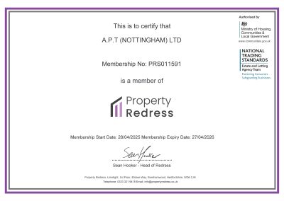 Property Redress Scheme Certificate 2025 to 2026